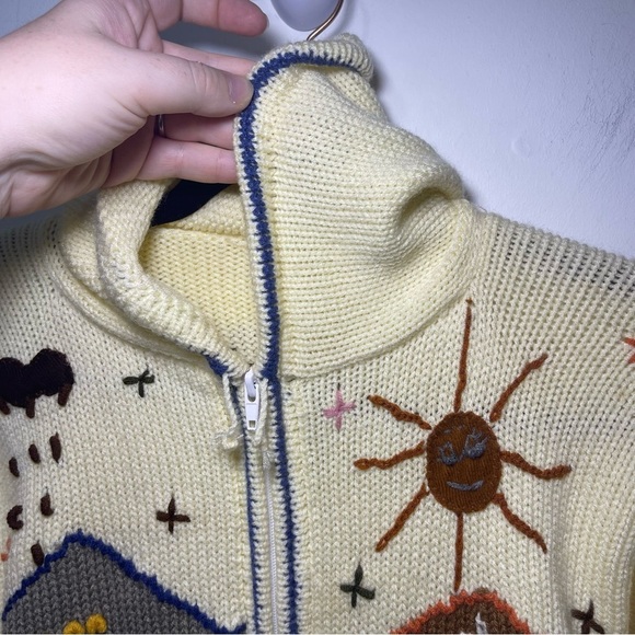 Handmade Kids Knit Zip Hoodie Jacket Llama Embroidery Village Scene Size M 8-10 - Picture 6 of 11